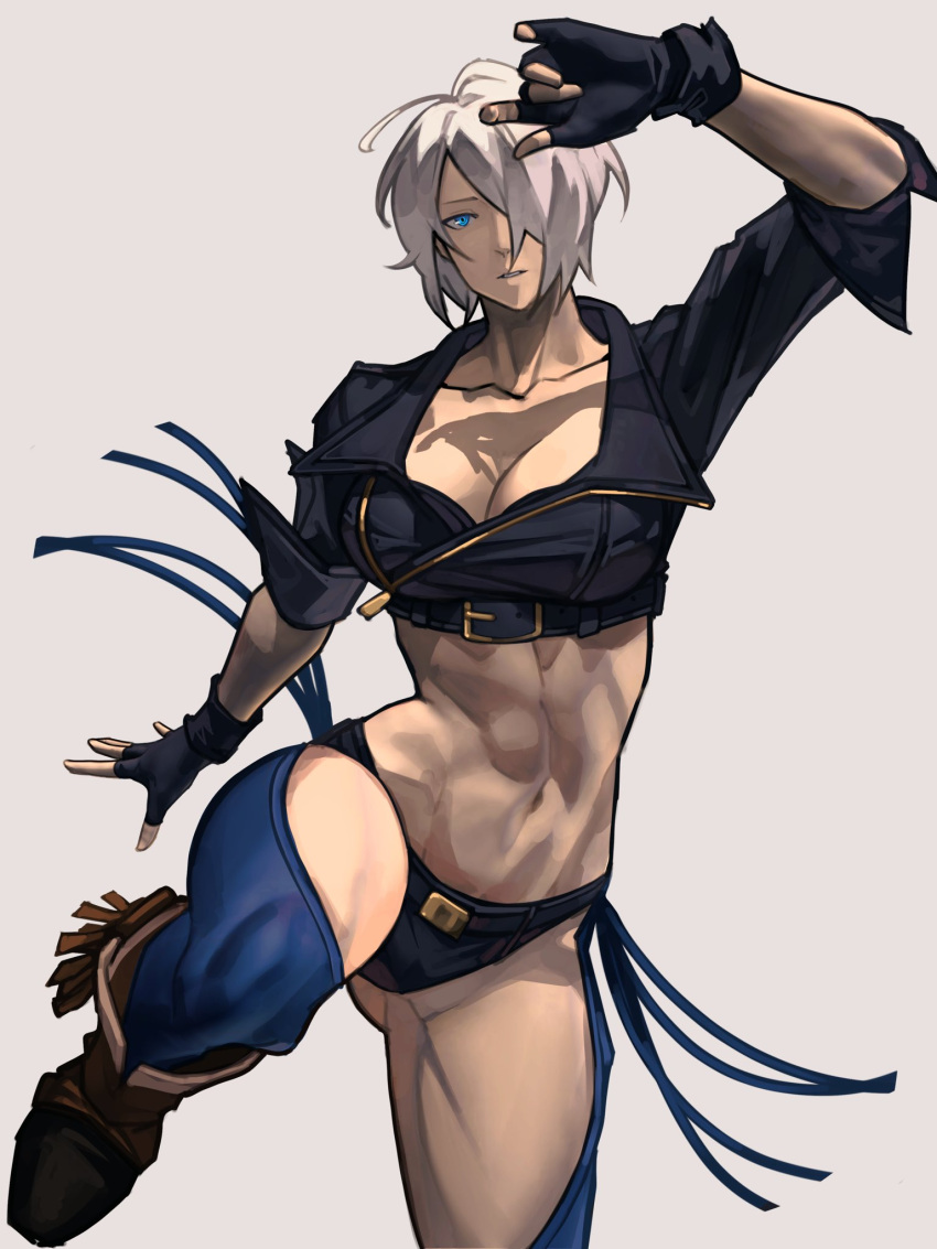 1girl abs angel_(kof) black_gloves black_jacket blue_eyes bra breasts chaps cleavage collarbone crop_top cropped_jacket denim fingerless_gloves gloves hair_over_one_eye hand_up highres jacket jeans large_breasts leather leather_jacket one_eye_covered pants short_hair simple_background solo strapless strapless_bra syachiiro the_king_of_fighters the_king_of_fighters_2001 the_king_of_fighters_xiv underwear white_background white_hair
