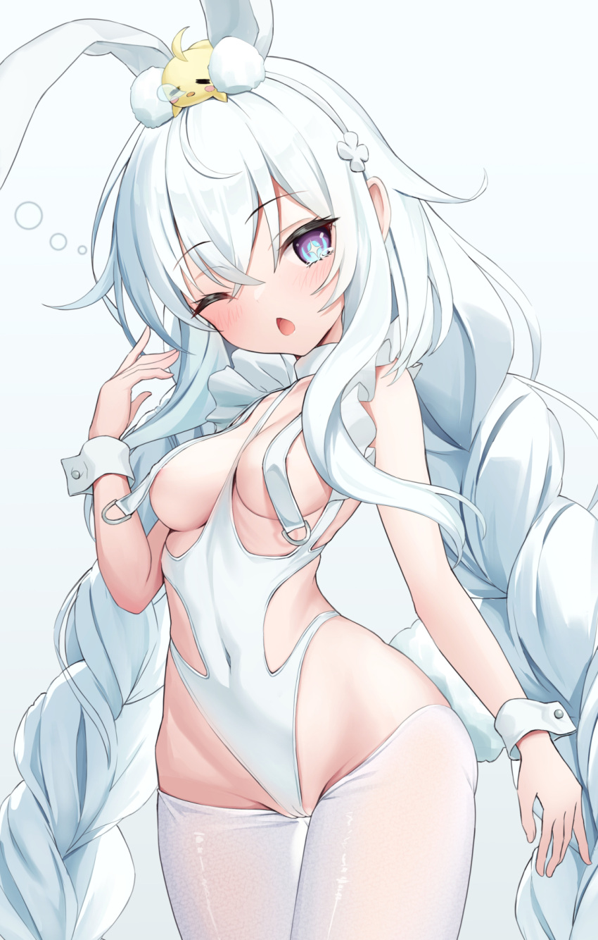 +_+ 1girl animal_ears areola_slip azur_lane bare_shoulders blue_eyes blush braid breast_curtains breasts cameltoe chestnut_mouth covered_navel crossed_bangs fake_animal_ears fake_tail grey_background hair_between_eyes highres humo le_malin_(azur_lane) le_malin_(listless_lapin)_(azur_lane) leotard long_hair low_twin_braids low_twintails manjuu_(azur_lane) medium_breasts nontraditional_playboy_bunny official_alternate_costume one_eye_closed open_mouth pantyhose rabbit_ears rabbit_tail simple_background solo tail thigh_gap thighs twin_braids twintails very_long_hair white_hair white_leotard white_pantyhose wrist_cuffs yawning