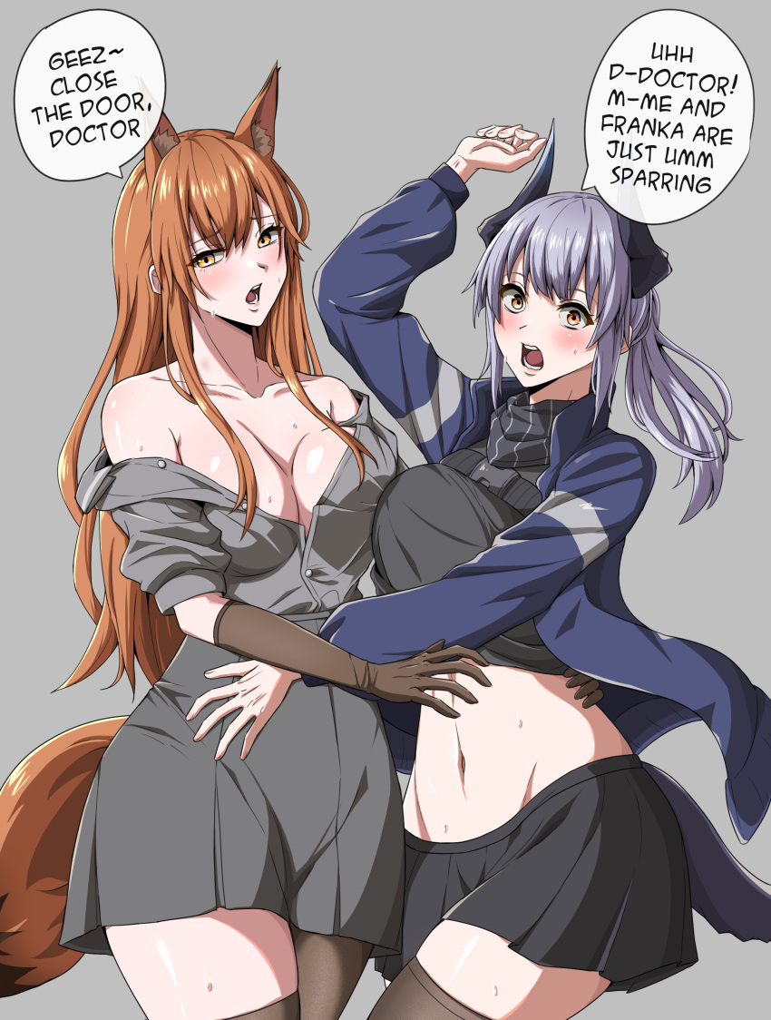 2girls absurdres animal_ears arknights asymmetrical_docking bare_shoulders black_scarf black_shirt black_skirt black_thighhighs blue_jacket blush breast_press breasts brown_hair cleavage commentary crop_top fox_ears fox_tail franka_(arknights) grey_background grey_hair grey_shirt grey_skirt groin highres horns jacket large_breasts liskarm_(arknights) long_hair long_sleeves looking_at_viewer midriff miniskirt multiple_girls navel off_shoulder open_clothes open_jacket open_mouth ponytail scarf shirt short_sleeves simple_background skirt speech_bubble stomach symmetricturd tail thighhighs thighs very_long_hair yellow_eyes