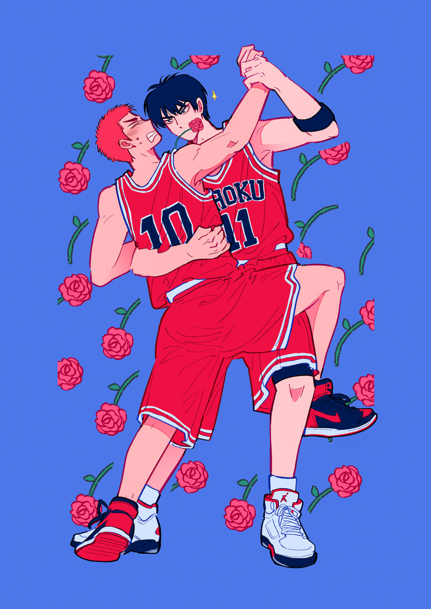 2boys basketball_jersey basketball_uniform black_eyes black_hair black_wristband blue_background blush couple dancing flower flower_in_mouth full_body hand_on_another's_arm hand_on_another's_waist heduel highres holding_hands leg_on_another's_leg looking_at_another male_focus multiple_boys red_flower red_hair red_rose red_shorts red_tank_top rose rukawa_kaede sakuragi_hanamichi shoes short_hair shorts slam_dunk_(series) sneakers sportswear sweatdrop tango tank_top toned toned_male white_footwear yaoi