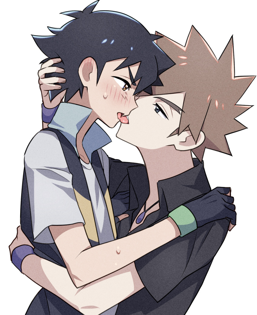 2boys ash_ketchum black_gloves black_hair black_shirt blush brown_hair collared_shirt commentary_request fingerless_gloves from_side gary_oak gloves half-closed_eyes highres jacket jewelry kiss male_focus multiple_boys necklace pokemon pokemon_(anime) pokemon_dppt_(anime) purple_wristband shirt short_hair short_sleeves spiked_hair sweatdrop t-shirt teeth tongue tongue_out tuze111 upper_body upper_teeth_only yaoi