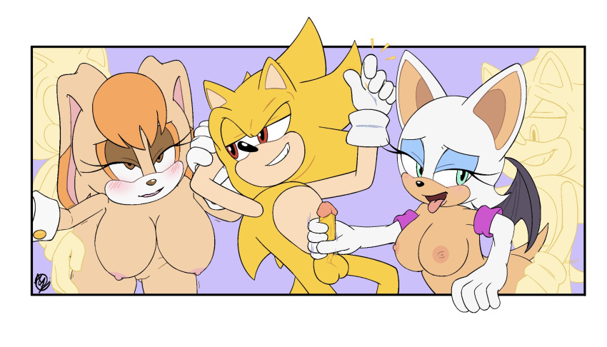 anthro big_breasts big_ears blush blush_lines breasts clone clothing erection female floating gloves group handjob handjob_while_penetrating handwear hi_res humanoid innotsu makeup male male/female narrowed_eyes penetration penile rouge_the_bat sega sex smile smirk sonic_the_hedgehog sonic_the_hedgehog_(series) super_sonic tongue tongue_out trio vanilla_the_rabbit wings