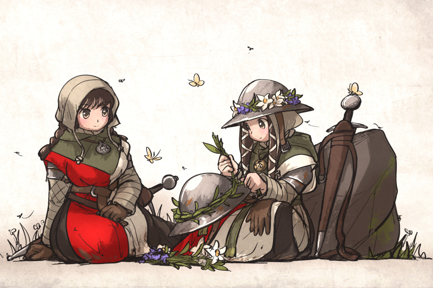 2girls arm_support armor blush braid breasts brown_eyes brown_gloves brown_hair bug butterfly character_request english_commentary flower gloves grass helmet highres ironlily large_breasts multiple_girls ordo_mediare_sisters_(ironlily) original sheath sheathed simple_background sitting smile sword unworn_gloves unworn_headwear unworn_helmet weapon yokozuwari