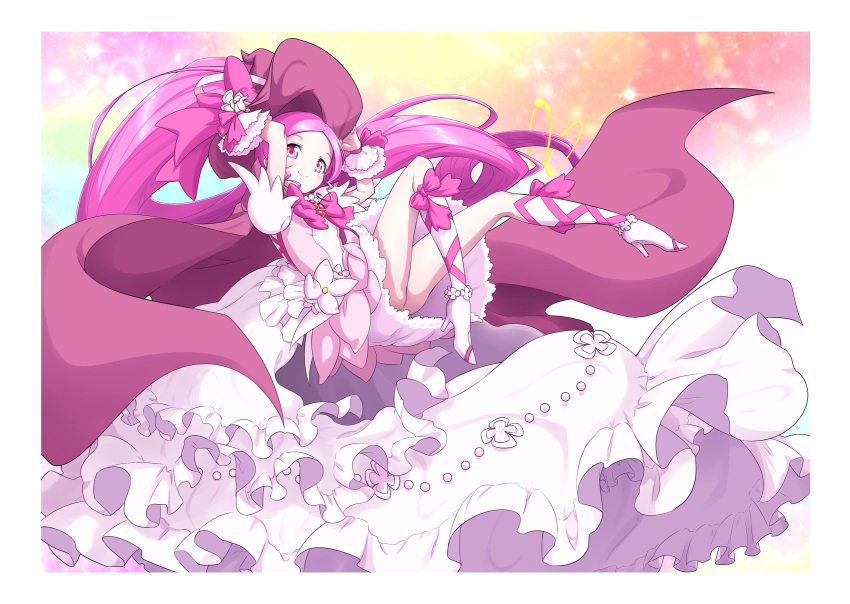1girl adapted_costume alternate_costume boots bow cape commentary_request cure_blossom dress eyelashes frilled_dress frills gradient_background hanasaki_tsubomi happy hat heartcatch_precure! high_heel_boots high_heels high_ponytail highres long_hair looking_at_viewer magical_girl mahou_girls_precure! matatabi_(karukan222) pink_bow pink_cape pink_dress pink_eyes pink_hair pink_ribbon pink_theme ponytail precure puffy_short_sleeves puffy_sleeves ribbon short_sleeves smile solo very_long_hair witch witch_hat wrist_cuffs