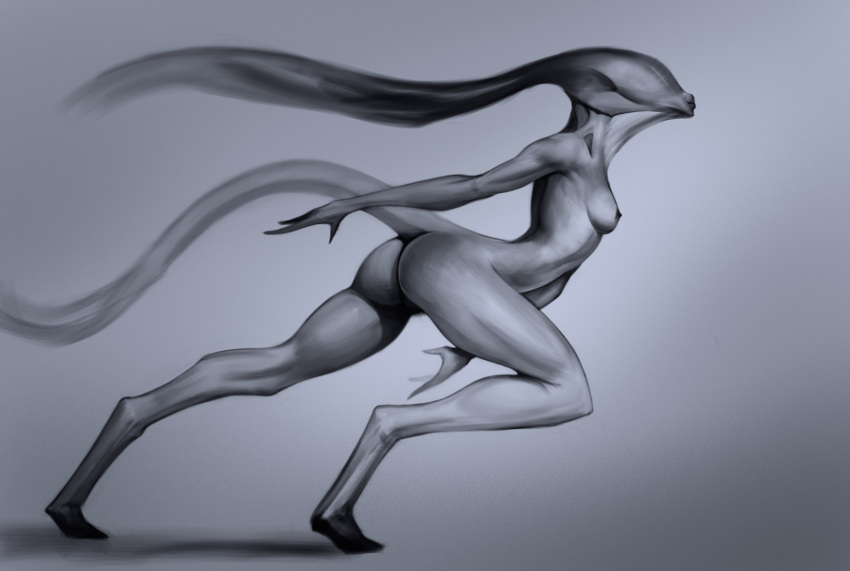 3_fingers arched_back curvy_figure digital_media_(artwork) digitigrade eyeless featureless_feet female fingers full-length_portrait head_tail hi_res humanoid lips long_body long_legs long_tail not_furry portrait running shaded shadow simple_background small_waist solo tail tan_background thick_thighs towerpractice unknown_species wide_hips xenophilia