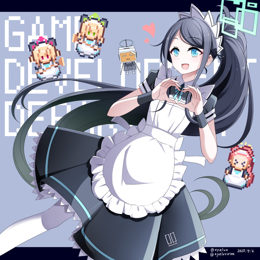 &gt;_&lt; &lt;key&gt;_(robot)_(blue_archive) 4girls absurdres animal_ear_headphones animal_ears apron aris_(blue_archive) aris_(maid)_(blue_archive) black_dress black_hair blonde_hair blue_archive blue_eyes blue_ribbon broom closed_eyes collared_dress commentary_request dated dress fake_animal_ears frilled_apron frills green_eyes grey_background halo headphones heart heart_hands hebitsukai-san highres holding holding_broom maid maid_apron midori_(blue_archive) midori_(maid)_(blue_archive) momoi_(blue_archive) momoi_(maid)_(blue_archive) multiple_girls neck_ribbon pantyhose pixelated pleated_dress ponytail puffy_short_sleeves puffy_sleeves purple_eyes red_hair ribbon robot short_sleeves siblings sisters solo_focus swept_bangs twins twitter_username white_apron white_pantyhose yuzu_(blue_archive) yuzu_(maid)_(blue_archive)