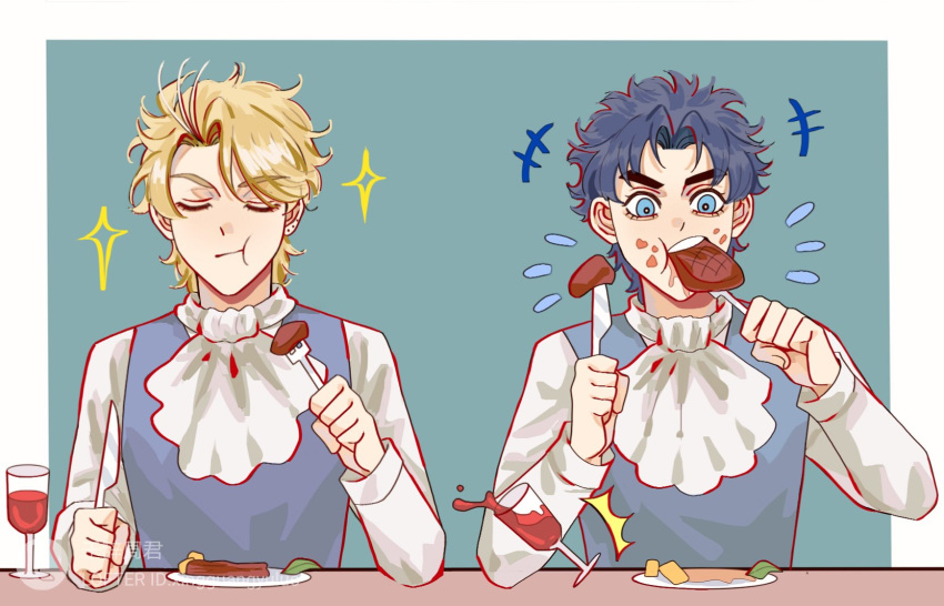 2boys :t blonde_hair blue_eyes blue_hair chewing closed_eyes cup dio_brando drinking_glass ear_birthmark eating food food_on_face fork highres holding holding_fork holding_knife jojo_no_kimyou_na_bouken jonathan_joestar knife male_focus messy multiple_boys phantom_blood sparkle steak wine_glass zhoujo51