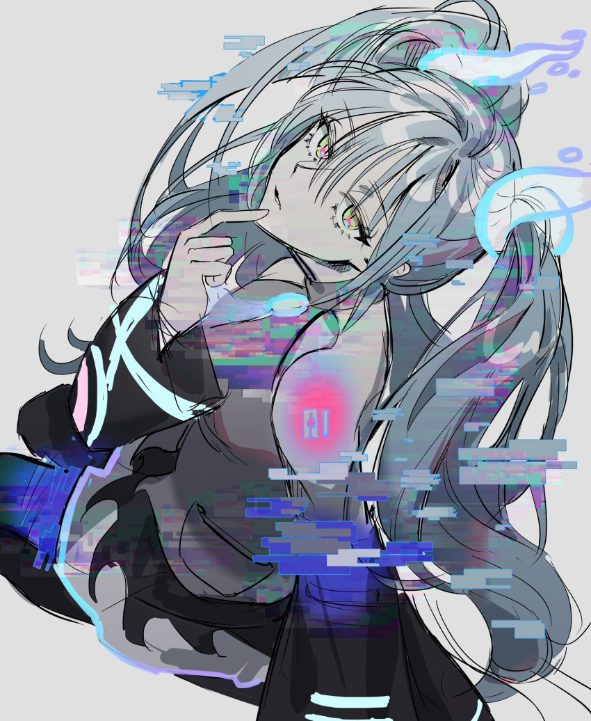 1girl aqua_hair black_thighhighs detached_sleeves ghost ghost_miku_(project_voltage) glitch grey_shirt hair_between_eyes hand_on_own_chin hatsune_miku highres long_hair looking_at_viewer multicolored_eyes necktie pokemon project_voltage shioshishio shirt simple_background skirt thighhighs twintails very_long_hair vocaloid will-o'-the-wisp_(mythology)