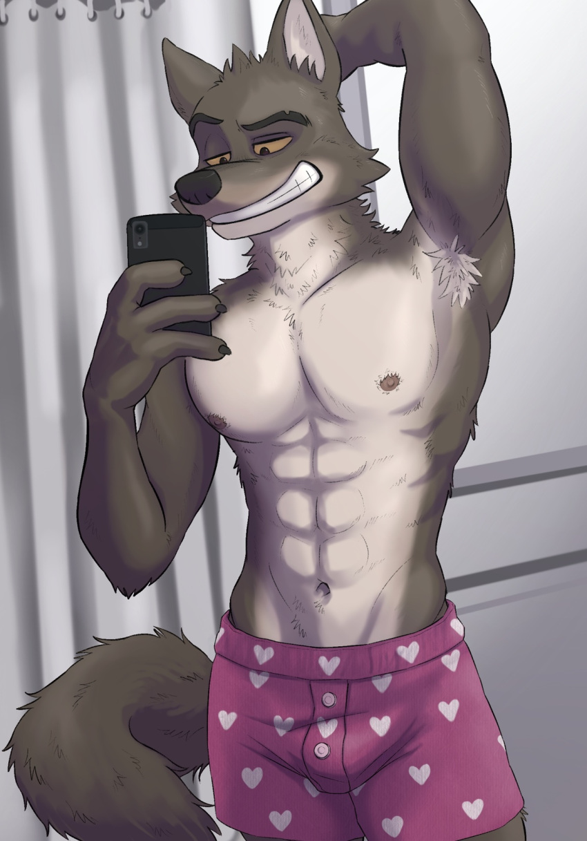 2023 anthro areola athletic athletic_anthro athletic_male brown_body brown_fur bulge canid canine canis clothing dreamworks fur hi_res ksky21 looking_at_object looking_at_phone male mammal mr._wolf_(the_bad_guys) navel selfie solo the_bad_guys underwear wolf yellow_sclera