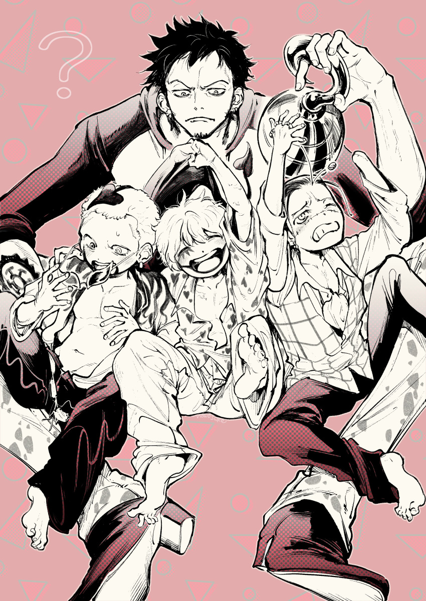 4boys ? absurdres aged_down barefoot black_footwear black_hair blonde_hair checkered_clothes checkered_shirt child closed_mouth crocodile_(one_piece) donquixote_doflamingo donquixote_rocinante earrings eyewear_removed facial_hair goatee highres holding holding_removed_eyewear hook_hand jewelry makeup multiple_boys multiple_rings nowosuke one_piece open_clothes open_mouth pink_background ring scar scar_on_face shirt short_hair sitting smile sunglasses teeth tongue trafalgar_law
