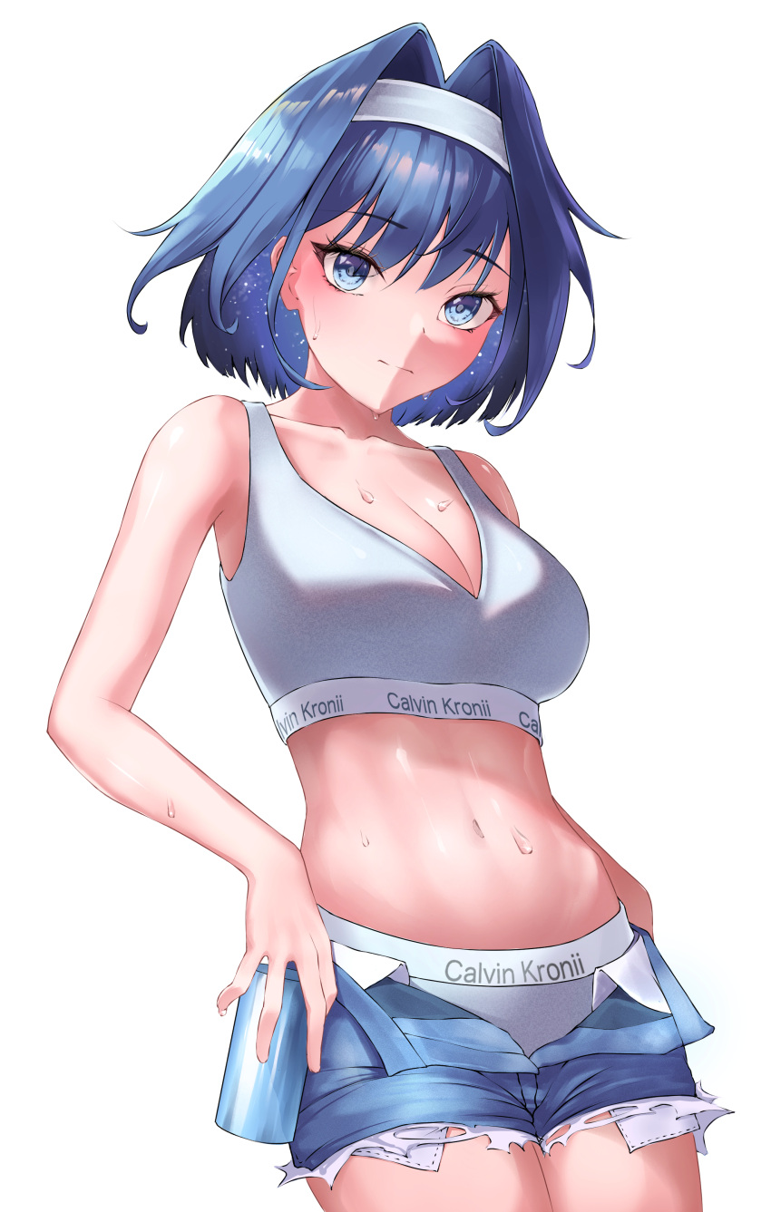 1girl absurdres blue_eyes blue_hair blue_shorts blush breasts calvin_klein cleavage closed_mouth commentary cowboy_shot cutoffs denim denim_shorts english_commentary grey_panties grey_sports_bra hair_intakes hairband highres hololive hololive_english kamome_no_yume light_frown logo_parody looking_at_viewer medium_breasts open_clothes open_shorts ouro_kronii panties short_hair shorts simple_background solo sports_bra standing sweat underwear virtual_youtuber white_background white_hairband