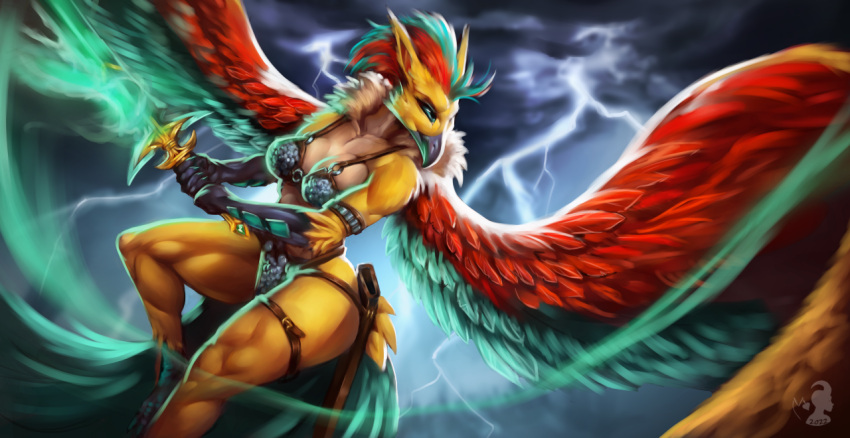 anthro armor avian beak bird breasts feathers female flying melee_weapon muscular muscular_female non-mammal_breasts solo storm sword thick_thighs unconvincing_armor verakultura weapon wings