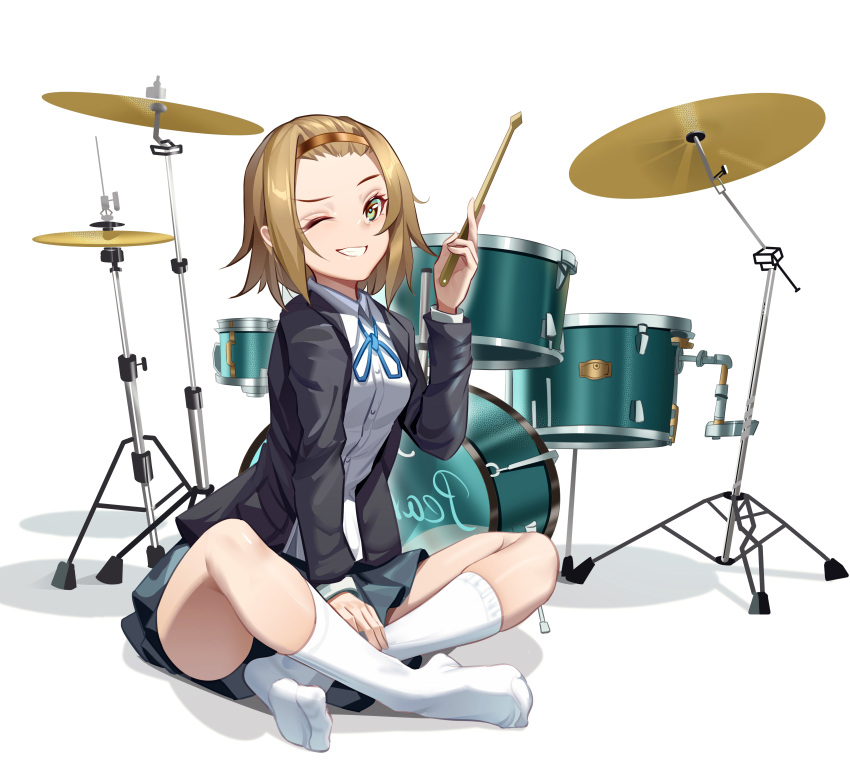 1girl absurdres black_jacket blazer blue_ribbon brown_eyes brown_hair collared_shirt drum drum_set drumsticks full_body grey_skirt grin hairband highres holding holding_drumsticks instrument jacket k-on! kneehighs legs luai neck_ribbon no_shoes one_eye_closed open_clothes open_jacket pleated_skirt ribbon sakuragaoka_high_school_uniform school_uniform shadow shirt short_hair simple_background sitting skirt smile socks solo tainaka_ritsu white_background white_shirt white_socks winter_uniform yellow_hairband