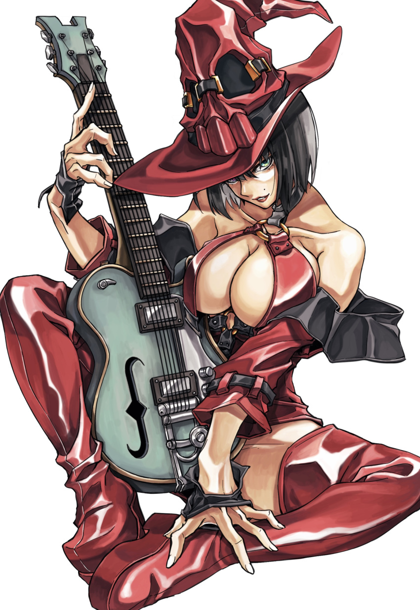 1girl absurdres bare_shoulders black_choker black_gloves black_hair boots breasts choker cleavage collarbone detached_sleeves dong_hole electric_guitar fingerless_gloves gloves guilty_gear guitar hair_between_eyes hat heterochromia highres holding holding_instrument i-no instrument large_breasts mole mole_above_mouth mole_under_eye o-ring o-ring_top red_thighhighs short_hair simple_background sitting solo thigh_boots thighhighs white_background witch witch_hat