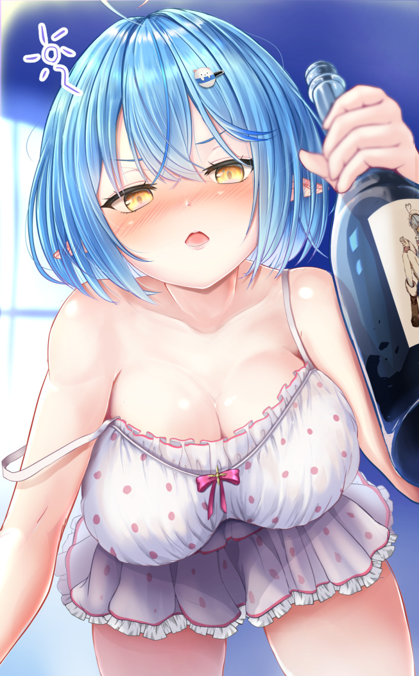 1girl ahoge arm_support bare_arms bare_shoulders blush bob_cut bottle breasts camisole character_hair_ornament colored_tips crossed_bangs daifuku_(yukihana_lamy) double-parted_bangs drunk frilled_camisole frilled_skirt frills hair_between_eyes hair_ornament hairclip hanging_breasts highres holding holding_bottle hololive indoors large_breasts leaning_forward looking_at_viewer messy_hair multicolored_hair official_alternate_costume official_alternate_hair_length official_alternate_hairstyle open_mouth pajamas pointy_ears polka_dot polka_dot_camisole polka_dot_skirt sake_bottle short_hair skirt sleepwear solo spaghetti_strap strap_slip streaked_hair triangle_mouth virtual_youtuber white_camisole yappy_(yapis_company) yellow_eyes yukihana_lamy yukihana_lamy_(4th_costume)