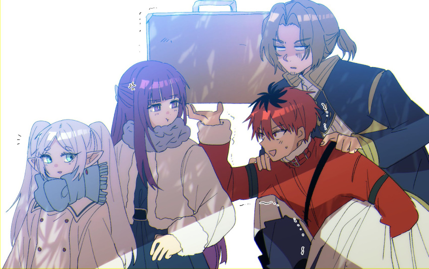 2boys 2girls :d black_hair blue_dress blue_scarf blunt_bangs brown_hair carrying closed_mouth coat commentary_request dress earrings elf fern_(sousou_no_frieren) frieren gon_(imrower) green_eyes hands_on_another's_shoulders heavy highres holding holding_suitcase jewelry long_hair long_sleeves looking_at_another multicolored_hair multiple_boys multiple_girls open_mouth parted_bangs piggyback pointy_ears pout purple_eyes purple_hair purple_scarf red_coat red_hair scarf sein_(sousou_no_frieren) shaded_face short_hair smile sousou_no_frieren standing stark_(sousou_no_frieren) straight_hair suitcase sweatdrop trembling twintails two-tone_hair white_coat white_hair winter_clothes winter_coat