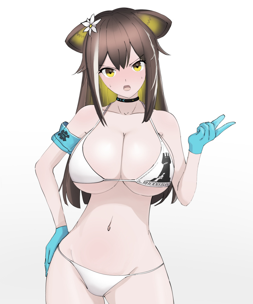 1girl absurdres animal_ears arknights armband bare_shoulders bikini black_choker blonde_hair blue_gloves blush breasts brown_hair cat_ears choker cleavage collarbone contrapposto cowboy_shot flower folinic_(arknights) gloves gradient_hair hair_flower hair_ornament hand_on_own_hip highres index_finger_raised kinoko_hakushaku large_breasts long_hair looking_at_viewer multicolored_hair navel open_mouth rhodes_island_logo sidelocks simple_background solo stomach streaked_hair sweatdrop swimsuit v-shaped_eyebrows white_background white_bikini white_flower white_hair yellow_eyes