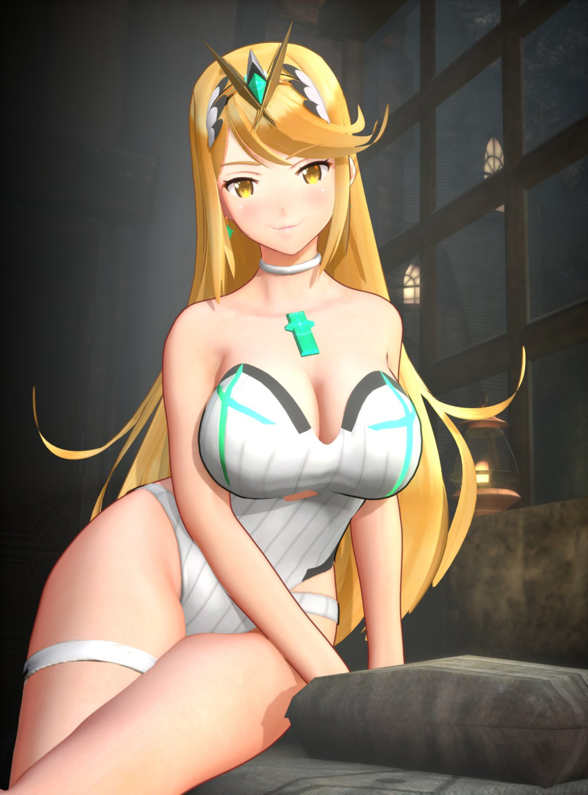 1girl 3d bare_shoulders blobcg blonde_hair blunt_bangs blush breasts chest_jewel choker cleavage closed_mouth earrings gem headpiece highres jewelry large_breasts long_hair looking_at_viewer mythra_(radiant_beach)_(xenoblade) mythra_(xenoblade) official_alternate_costume one-piece_swimsuit ribbed_swimsuit smile solo strapless strapless_swimsuit striped striped_one-piece_swimsuit swept_bangs swimsuit thigh_strap tiara two-tone_swimsuit vertical-striped_one-piece_swimsuit vertical_stripes very_long_hair white_choker white_one-piece_swimsuit xenoblade_chronicles_(series) xenoblade_chronicles_2 yellow_eyes