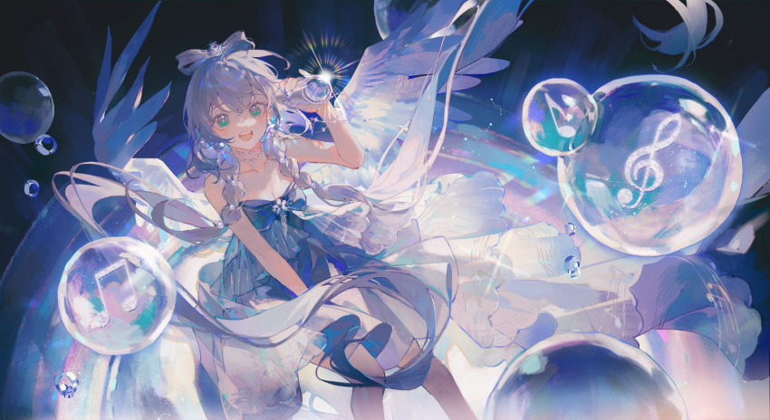 1girl aqua_eyes bare_shoulders blue_background blue_bow blue_bowtie blue_dress blue_hair bow bowtie braid breasts bubble buttonniukoukou cleavage clothes_lift collarbone commentary dress dress_lift eyelashes feathered_wings flower_brooch gleam hair_bow highres holding holding_microphone jewelry layered_dress long_dress long_hair looking_at_viewer loose_hair_strand microphone musical_note necklace open_mouth original pearl_necklace sleeveless sleeveless_dress small_breasts smile solo symbol-only_commentary teeth twin_braids upper_teeth_only white_wings wings