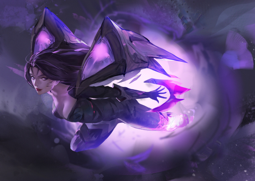 1girl absurdres black_bodysuit black_hair bodysuit breasts cleavage collarbone detached_wings flying from_side highres kai'sa l+_(colour0816) large_breasts league_of_legends long_hair looking_at_viewer purple_eyes red_lips smile solo wings