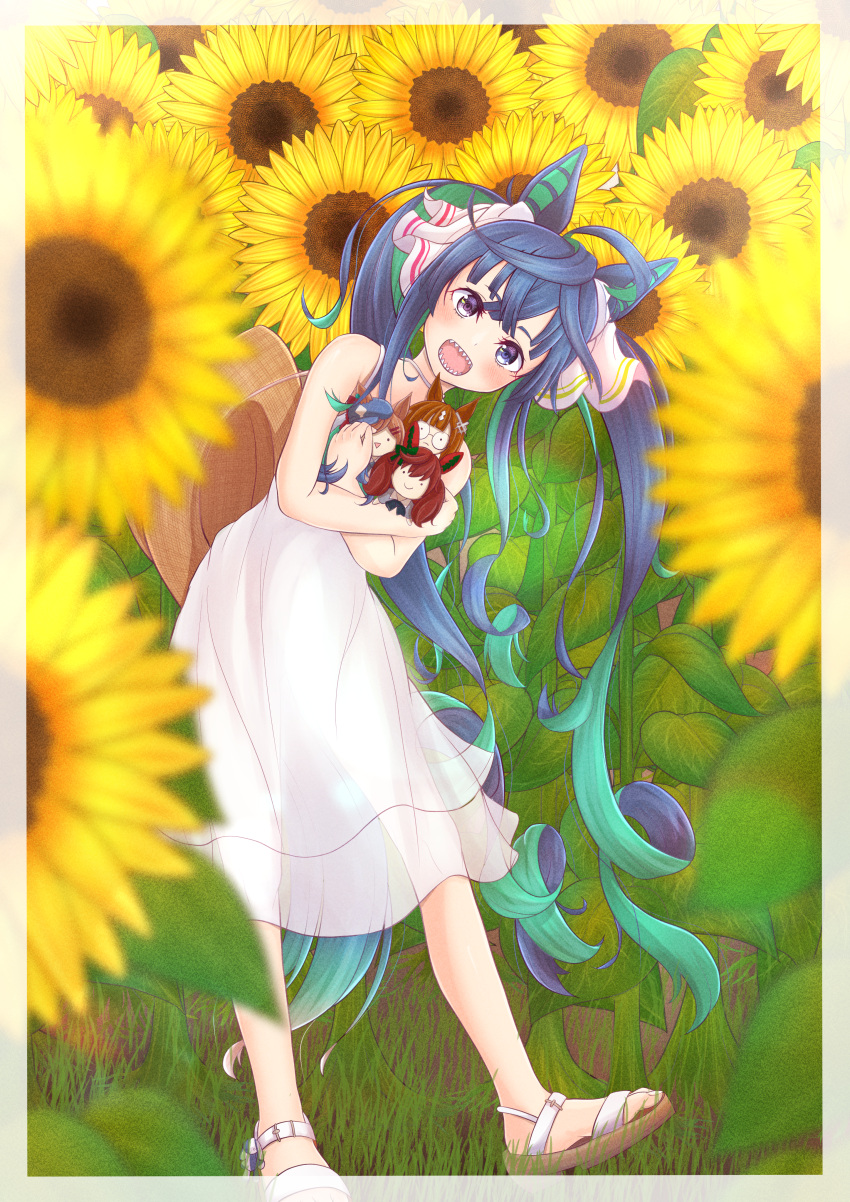 1girl absurdres ahoge animal_ears aqua_hair blue_eyes blue_hair blurry blurry_foreground blush border bow character_doll commentary_request crossed_arms crossed_bangs dress field flower flower_field full_body hair_bow hat heterochromia highres horse_ears horse_girl horse_tail hugging_doll hugging_object ikuno_dictus_(umamusume) kyana_(5024777) leaning_to_the_side long_hair looking_at_viewer matikane_tannhauser_(umamusume) multicolored_hair nice_nature_(umamusume) open_mouth purple_eyes sandals see-through see-through_dress sharp_teeth sidelocks solo straw_hat sun_hat sundress sunflower sunflower_field tail teeth toes_up twin_turbo_(umamusume) twintails two-tone_hair umamusume unworn_hat unworn_headwear very_long_hair white_border white_bow white_dress