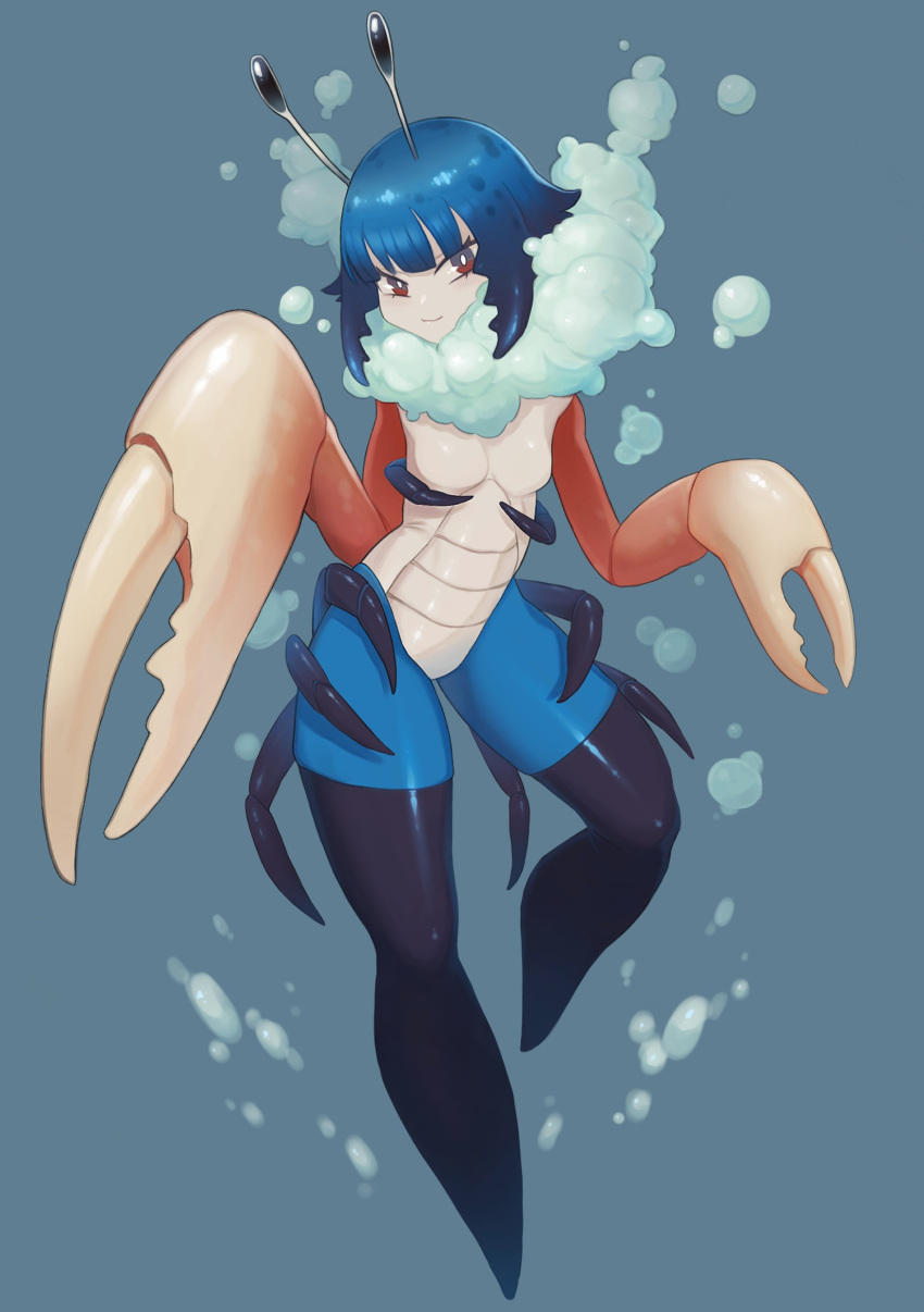 1girl absurdres air_bubble arthropod_girl arthropod_limbs blue_background blue_eyes blue_hair breasts brown_eyes bubble carapace closed_mouth crab_girl daon_(kenta111881) extra_eyes full_body hands_up highres looking_at_viewer monster_girl multicolored_eyes no_feet original oversized_limbs pincers short_hair simple_background small_breasts smile soap_bubbles solo