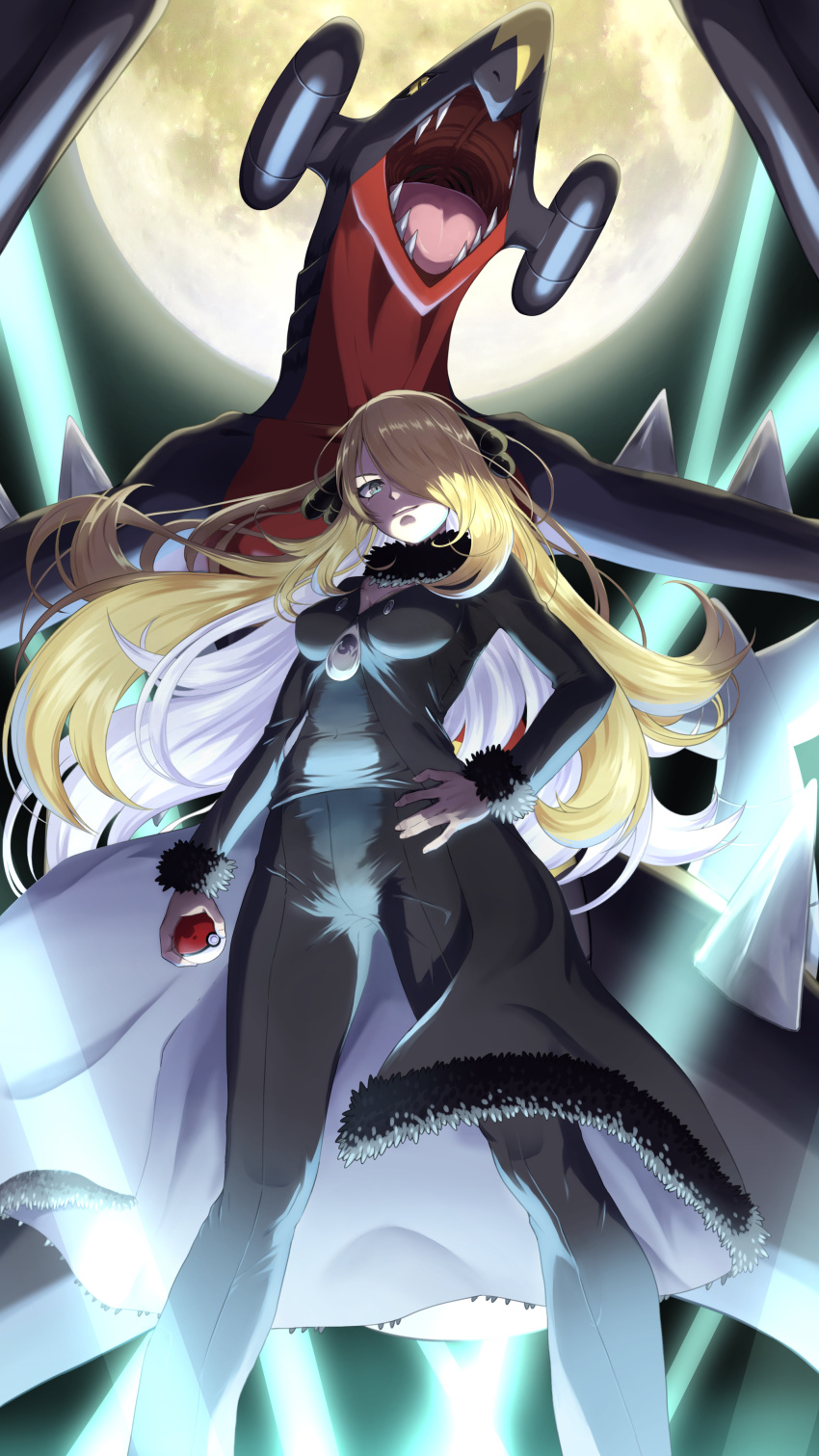 1girl absurdres aowa_(dakahi1009) black_coat black_pants black_shirt blonde_hair breasts closed_mouth coat commentary_request cynthia_(pokemon) from_below fur-trimmed_coat fur_collar fur_trim garchomp grey_eyes hair_ornament hair_over_one_eye hand_on_own_hip highres holding holding_poke_ball knees long_hair long_sleeves pants poke_ball poke_ball_(basic) pokemon pokemon_(creature) pokemon_(game) pokemon_dppt shirt smile standing v-neck very_long_hair