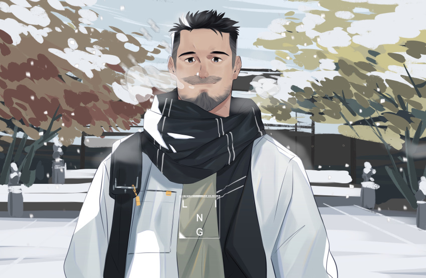 1boy absurdres bag bara beard black_eyes black_hair black_scarf breath chen_ling coat cold facial_hair grey_shirt highres looking_at_viewer male_focus mustache original outdoors scarf shirt shoulder_bag smile snow snowing solo tree upper_body white_coat winter winter_clothes winter_coat