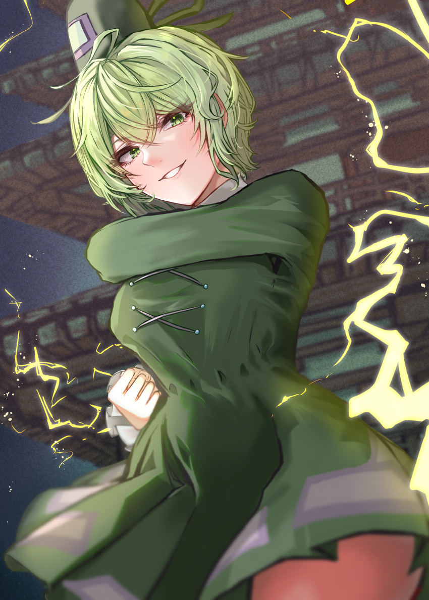 1girl absurdres arm_up blurry breasts commentary_request depth_of_field dress electricity green_dress green_eyes green_hair hair_between_eyes hat highres large_breasts long_sleeves night outdoors parted_lips short_hair smile soga_no_tojiko solo takana_(forsterite) tate_eboshi teeth temple touhou