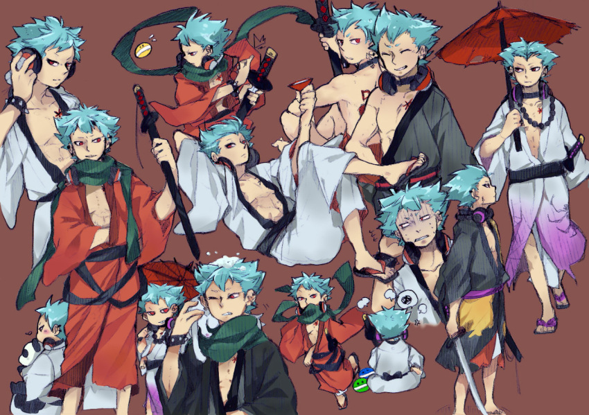 1boy abs alcohol alternate_color animal_on_shoulder beads birthmark black_kimono blue_hair bracelet brown_background cat cat_on_shoulder choker collarbone cup full_body green_scarf headphones headphones_around_neck holding holding_cup holding_stuffed_toy holding_sword holding_umbrella holding_weapon japanese_clothes jewelry kimono loose_clothes male_focus obi oil-paper_umbrella one_eye_closed player_2 pop'n_music red_eyes red_kimono red_umbrella roku_(pop'n_music) sakazuki sake sandals sash scarf sitting solo spiked_bracelet spikes spoken_squiggle squiggle stuffed_animal stuffed_panda stuffed_toy sword tknkfarmer umbrella weapon white_cat white_kimono wide_sleeves