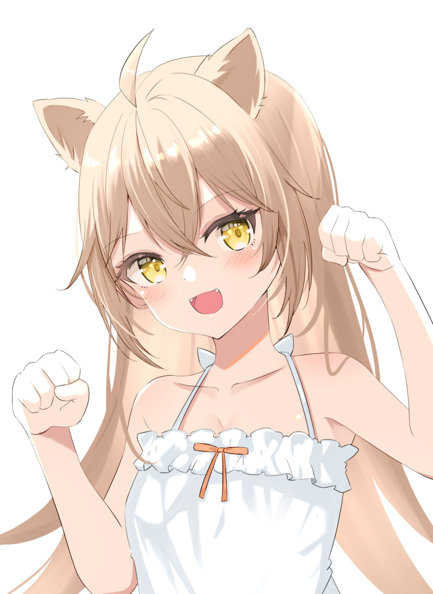 1girl ahoge animal_ears crossed_bangs dreamoon dress fangs hair_between_eyes hands_up highres indie_virtual_youtuber light_blush light_brown_hair lion_ears lion_girl long_hair open_mouth orange_ribbon paw_pose ribbon rurudo_lion simple_background sleeveless sleeveless_dress smile solo upper_body white_background white_dress yellow_eyes