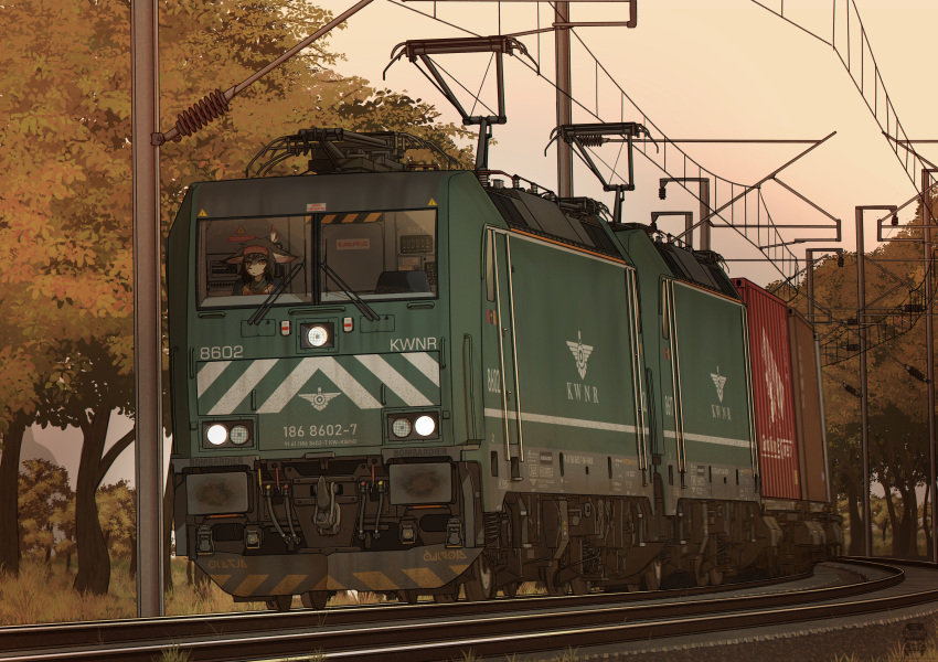 absurd_res anthro canid canine chromatic_aberration detailed detailed_background driving english_text forest german_text hi_res locomotive male mammal motion_blur orang111 plant railcar railway_track scenery solo sunset text train tree unknown_text vehicle