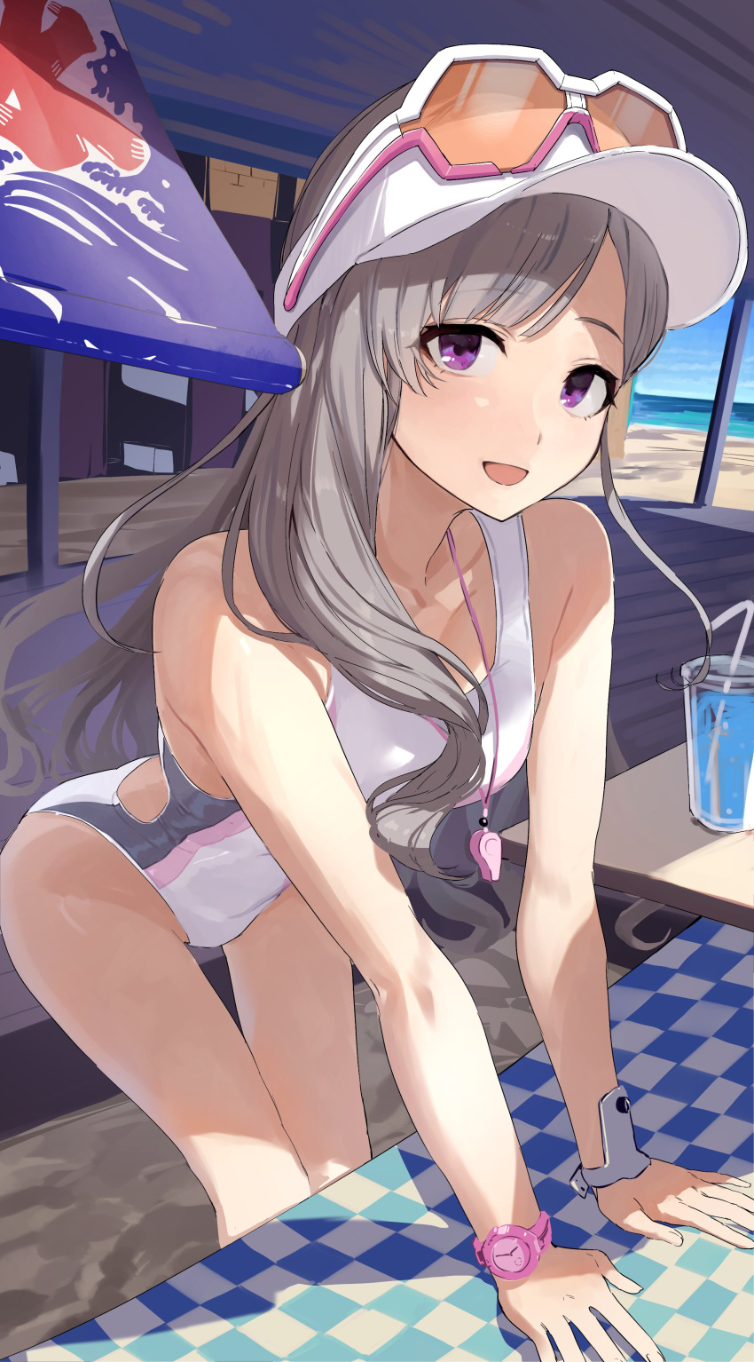 1girl absurdres arm_support breasts commentary competition_swimsuit goggles goggles_on_head grey_hair highres idolmaster idolmaster_shiny_colors leaning_forward long_hair looking_at_viewer medium_breasts official_alternate_costume one-piece_swimsuit open_mouth purple_eyes smile solo swimsuit symbol-only_commentary uouokuma visor_cap watch whistle whistle_around_neck white_swimsuit wristwatch yukoku_kiriko