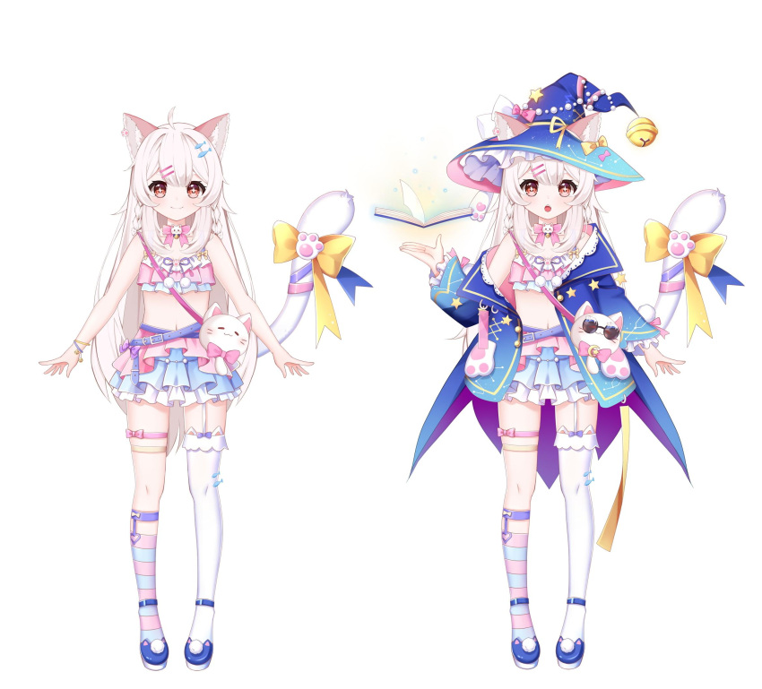 1girl :o animal_bag animal_ear_legwear animal_ears anklet asymmetrical_legwear bag bare_arms bare_shoulders belt blue_belt blue_footwear blue_headwear blue_jacket blue_skirt blue_socks book bow bowtie bracelet cat_bag cat_ear_legwear cat_ears cat_girl cat_tail crop_top fish_hair_ornament flat_chest frilled_skirt frills full_body garter_straps gyaza hair_ornament hairclip hand_up hat hat_bell hat_bow hat_ornament hat_ribbon highres indie_virtual_youtuber jacket jewelry layered_skirt legwear_garter long_sleeves miniskirt mismatched_legwear multiple_views navel off_shoulder open_book orange_eyes pink_bow pink_bowtie pink_socks pink_tank_top ribbon shoulder_bag single_sock skirt smile socks standing star-shaped_pupils star_(symbol) star_hat_ornament star_print stomach striped striped_socks symbol-shaped_pupils tachi-e tail tail_bow tail_ornament tank_top thigh_bow thigh_strap thighhighs two-tone_socks uneven_legwear virtual_youtuber white_background white_bow white_hair white_thighhighs witch_hat xiao_ada yellow_bow yellow_ribbon