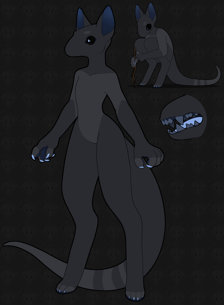 absurd_res ambiguous_gender anthro bared_teeth black_body black_fur black_sclera colored_teeth crouching fur hi_res intersex itssunee ket_sinex long_legs long_tail model_sheet multicolored_body multicolored_fur nude pawpads paws sinex solo stick tail teeth teeth_visible tongue two_tone_body two_tone_fur