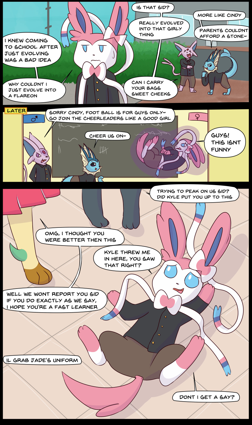 2021 35:59 3_panel_comic absurd_res black_body blue_body bottomwear brown_bottomwear brown_clothing brown_pants cheerleader cheerleader_outfit clothing comic dialogue digital_drawing_(artwork) digital_media_(artwork) dress eeveelution embarrassed english_text espeon female flat_colors generation_1_pokemon generation_2_pokemon generation_4_pokemon generation_6_pokemon group hi_res inside kyle_(matachu) leafeon lying magic magic_aura male matachu nintendo on_back outside pants pink_body pink_clothing pink_dress pokemon pokemon_(species) purple_body restrained samantha_(matachu) sid_(matachu) stacy_(matachu) standing sylveon tail tan_body telekinesis text umbreon vaporeon white_body