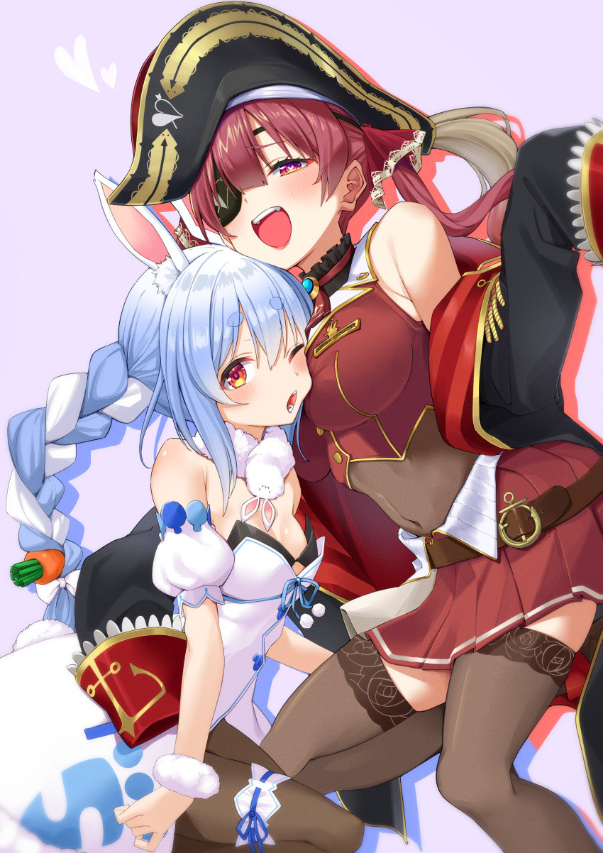 2girls absurdres arrow_through_heart black_choker black_coat black_headwear black_leotard black_thighhighs blue_hair blush breasts carrot_hair_ornament choker coat covered_navel cropped_jacket don-chan_(usada_pekora) dress eyepatch food-themed_hair_ornament frilled_choker frills hair_ornament hair_ribbon heart heart-shaped_pupils highres hololive houshou_marine houshou_marine_(1st_costume) jacket joniwi large_breasts leotard leotard_under_clothes long_hair looking_at_viewer multicolored_hair multiple_girls one_eye_closed open_mouth rabbit-shaped_pupils red_coat red_eyes red_hair red_jacket red_ribbon red_skirt ribbon skirt sleeveless sleeveless_jacket sleeves_past_fingers sleeves_past_wrists small_breasts smile symbol-shaped_pupils teeth thighhighs twintails two-sided_coat two-sided_fabric two-tone_hair upper_teeth_only usada_pekora usada_pekora_(1st_costume) virtual_youtuber white_dress white_hair yellow_eyes