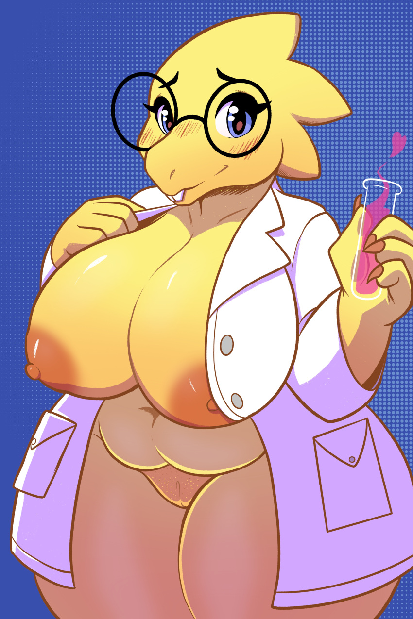 2023 absurd_res alphys anthro belly big_breasts blen_bodega blush bottomless bottomless_female breasts buckteeth clothed clothing coat dinosaur eyewear female genitals glasses hi_res lab_coat laboratory_equipment laboratory_glassware looking_at_viewer nipples open_clothing open_coat open_topwear overweight overweight_female pince-nez portrait pussy reptile scalie scientific_instrument smile solo teeth test_tube three-quarter_portrait topwear undertale_(series) yellow_body