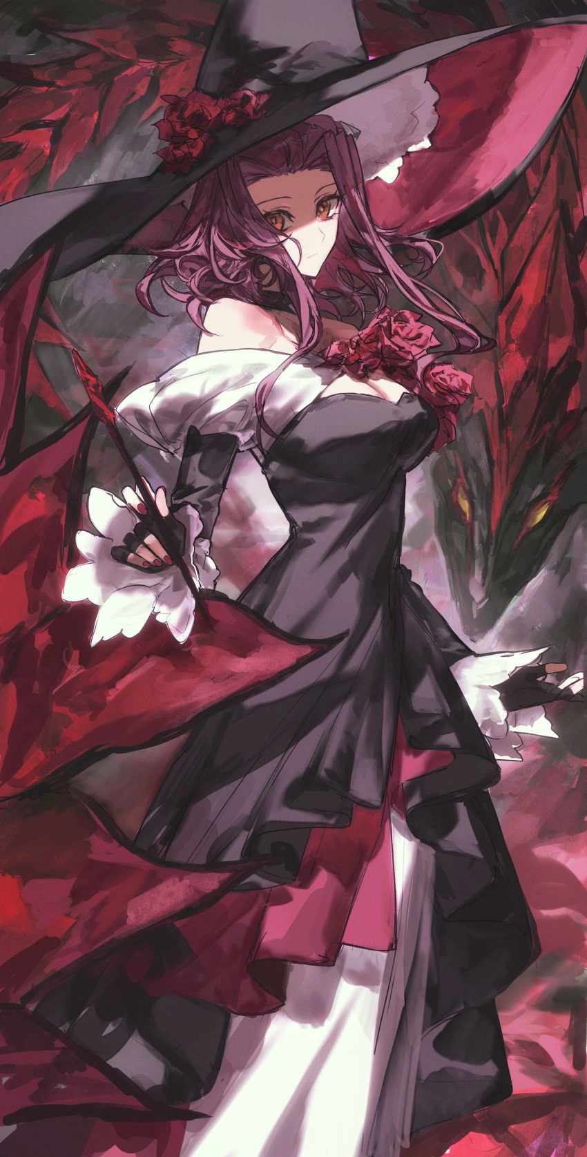 1girl absurdres bare_shoulders black_dress black_headwear black_rose_dragon breasts brown_hair choker cleavage closed_mouth cowboy_shot detached_sleeves dress elbow_gloves flower frills gloves hat highres holding izayoi_aki jewelry large_breasts long_hair long_sleeves looking_at_viewer medium_breasts naoki_(2rzmcaizerails6) original parted_lips pink_hair red_eyes red_hair smile solo standing strapless strapless_dress thighhighs witch witch_hat yellow_eyes yu-gi-oh! yu-gi-oh!_5d's