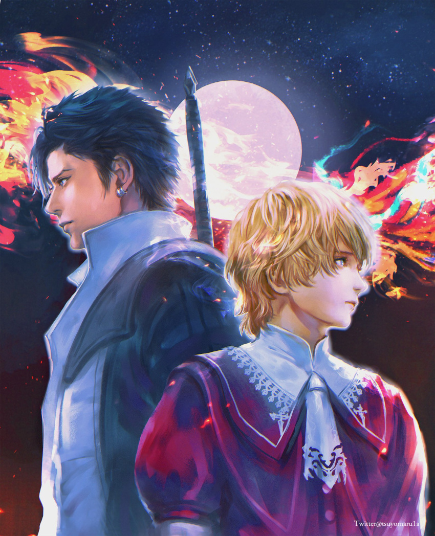 2boys back-to-back black_hair black_jacket blonde_hair blue_eyes brothers buttons clive_rosfield closed_mouth earrings final_fantasy final_fantasy_xvi fire full_moon high_collar highres jacket jewelry joshua_rosfield male_child moon multiple_boys necktie open_clothes open_jacket puffy_sleeves shirt short_hair siblings star_(sky) sword sword_on_back tsuyomaru twitter_username weapon weapon_on_back white_necktie white_shirt