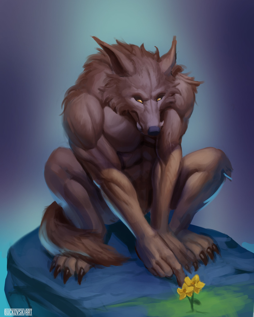 2023 abs absurd_res anthro biceps brown_body brown_fur buckovskiart canid canine crouching digital_media_(artwork) featureless_crotch flower fur hi_res male mammal muscular muscular_anthro muscular_male nude pecs plant solo tail vein veiny_muscles were werecanid werecanine werewolf