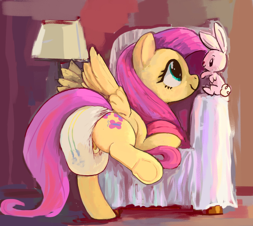 ambiguous_gender angel_(mlp) asdfasfasda bodily_fluids chair clothed clothing diaper duo equid equine female feral fluttershy_(mlp) friendship_is_magic furniture genital_fluids hasbro hi_res inside lamp mammal my_little_pony pegasus pussy_peek raised_leg sagging_diaper urine wearing_diaper wet_diaper wetting wings