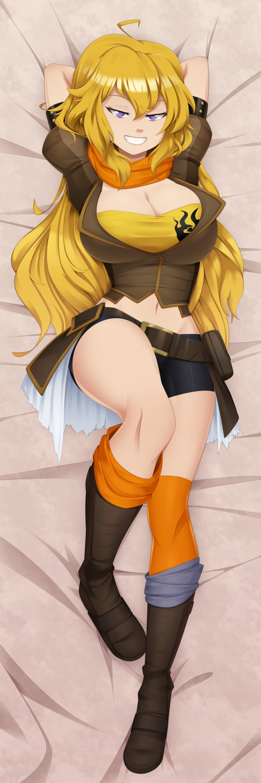 1girl absurdres ahoge arms_behind_back belt belt_buckle bike_shorts black_shorts blonde_hair boots breasts brown_footwear brown_jacket buckle cleavage clenched_teeth commentary dakimakura_(medium) english_commentary full_body half-closed_eyes highres incredibly_absurdres jacket knee_up large_breasts long_hair lying navel on_back orange_scarf orange_socks purple_eyes ravenravenraven rwby scarf shirt short_sleeves shorts single_loose_sock socks solo teeth thighs yang_xiao_long yellow_shirt