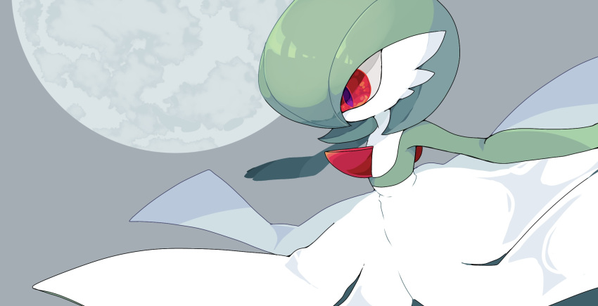 1girl arms_up bob_cut colored_skin commentary_request flat_chest full_moon gardevoir green_hair green_skin grey_background hair_over_one_eye highres moon multicolored_skin one_eye_covered outstretched_arms partial_commentary pokemon pokemon_(creature) red_eyes short_hair solo standing tsukasa_(kasemoto819) two-tone_skin white_skin