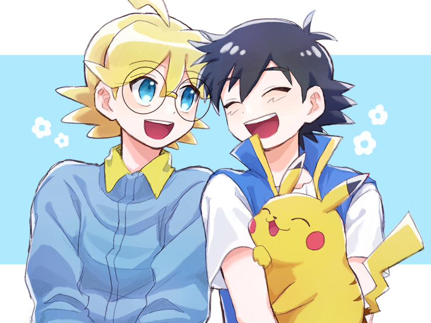 2boys :d ash_ketchum black_hair blonde_hair blue_vest clemont_(pokemon) closed_eyes commentary_request flower_(symbol) glasses jumpsuit male_focus mochi_(mocchi_p_2m) multiple_boys open_mouth pikachu pokemon pokemon_(anime) pokemon_(creature) pokemon_xy_(anime) round_eyewear shirt short_hair short_sleeves smile t-shirt teeth tongue upper_teeth_only vest white_shirt