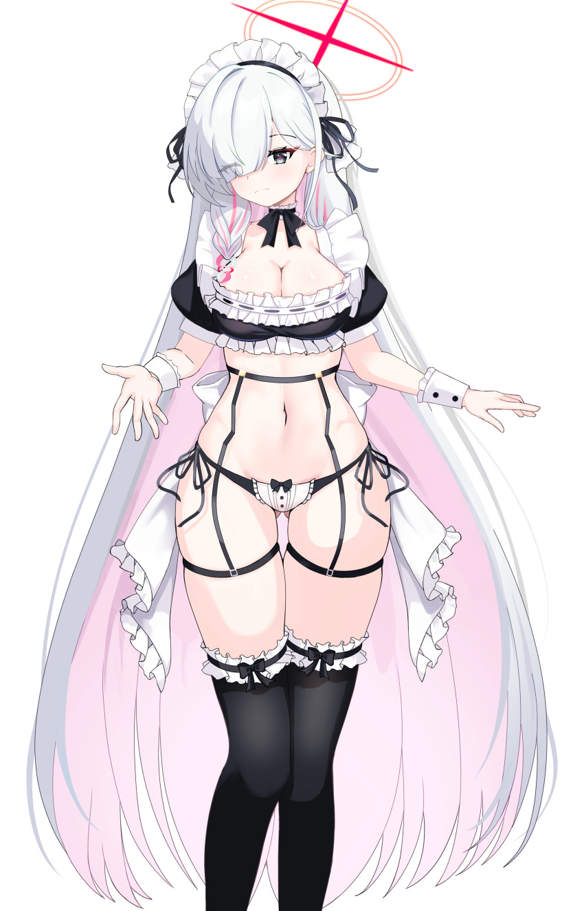 1girl absurdres alternate_costume black_thighhighs blue_archive blush braid breasts cleavage closed_mouth colored_inner_hair enmaided eyes_visible_through_hair grey_eyes grey_hair hair_over_one_eye halo highres long_hair looking_at_viewer maid medium_breasts multicolored_hair navel pink_hair plana_(blue_archive) red_halo single_braid solo thighhighs tia_(4017342)