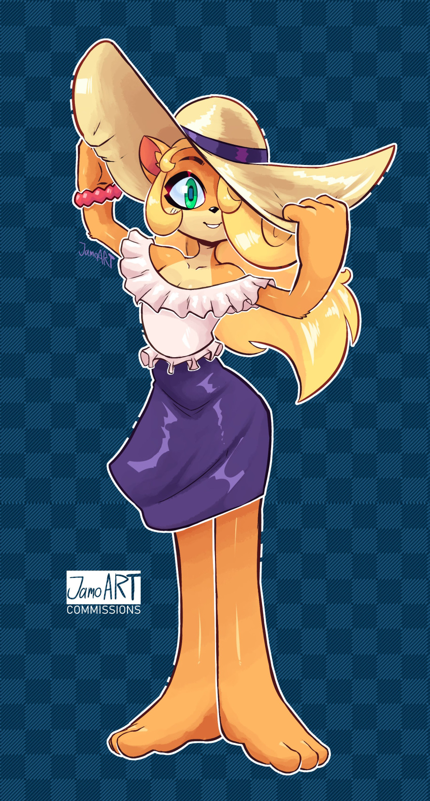 1girl absurdres alternate_costume artist_name blonde_hair blue_background bracelet checkered_background coco_bandicoot crash_bandicoot_(series) full_body furry furry_female green_eyes hat highres jamoart jewelry long_hair looking_at_viewer purple_skirt shirt skirt sun_hat white_shirt