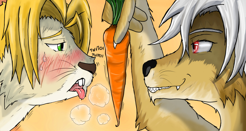 2023 absurd_res anthro azee_(links) blush canid canine canis carrot collar colored evil_grin farfener food fur hair hi_res holding_carrot holding_food holding_object holding_vegetable human_to_anthro lagomorph leporid links magic male mammal no_text plant protective rabbit rune shiyan smile species_transformation teasing textless the_auroran_archives the_farfener tongue tongue_out transformation vegetable white_hair windhill_(links) wolf