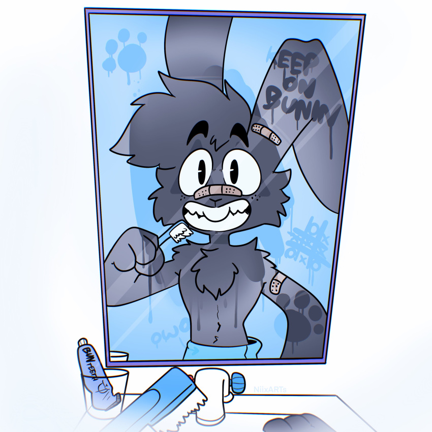 absurd_res anthro band-aid band-aid_on_face band-aid_on_nose bandage black_body black_fur brush cheek_tuft chest_tuft english_text facial_tuft fur grey_body grey_fur grin hi_res lagomorph leporid male mammal mirror mirror_reflection nick_(the_xing1) rabbit reflection simple_background smile solo text toothbrush towel_around_waist tuft white_background wide_eyed xing1