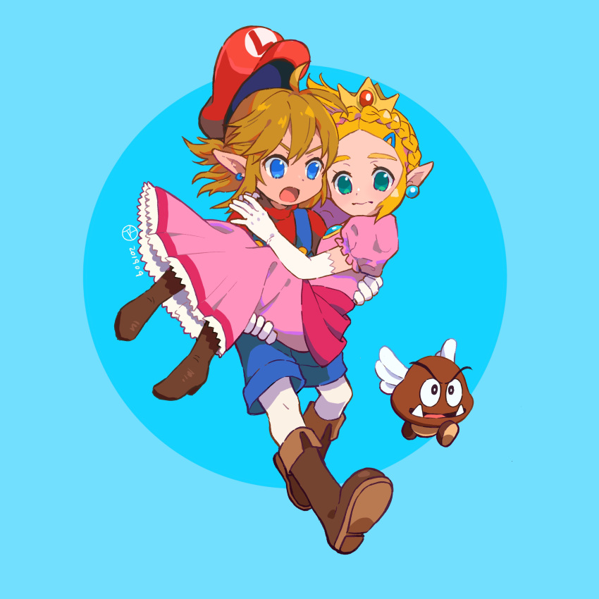 1boy 1girl absurdres blonde_hair blue_background blue_eyes blue_overalls blue_shorts boots braid brown_footwear carrying circular_border closed_mouth commentary cosplay crown crown_braid dated dress earrings elbow_gloves english_commentary floating_hair full_body gloves goomba green_eyes hair_between_eyes hat highres jewelry link mario mario_(cosplay) mario_(series) medium_hair mini_crown nervous open_mouth overall_shorts overalls paragoomba parted_bangs pink_dress pointy_ears princess_carry princess_peach princess_peach_(cosplay) princess_zelda puffy_short_sleeves puffy_sleeves red_headwear red_shirt running rutiwa shirt short_hair short_sleeves shorts sidelocks simple_background sphere_earrings the_legend_of_zelda the_legend_of_zelda:_breath_of_the_wild tusks two-tone_background v-shaped_eyebrows wavy_mouth white_gloves wings